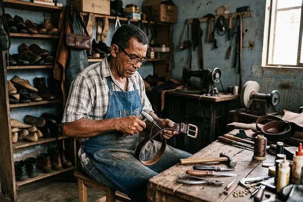 Sapateiro consertando um cinto de couro em Codó.
