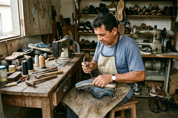 Sapateiro reparando um tênis em Codó.