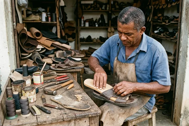 Sapateiro trocando palmilha de um calçado em Codó.
