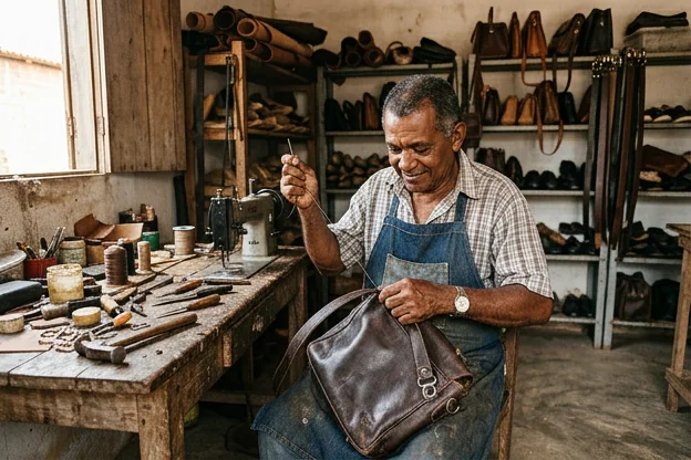 Sapateiro reformando uma bolsa de couro em Codó.