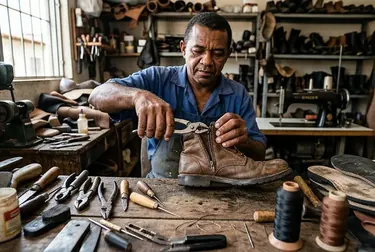 Sapateiro consertando o zíper de uma bota em Codó.